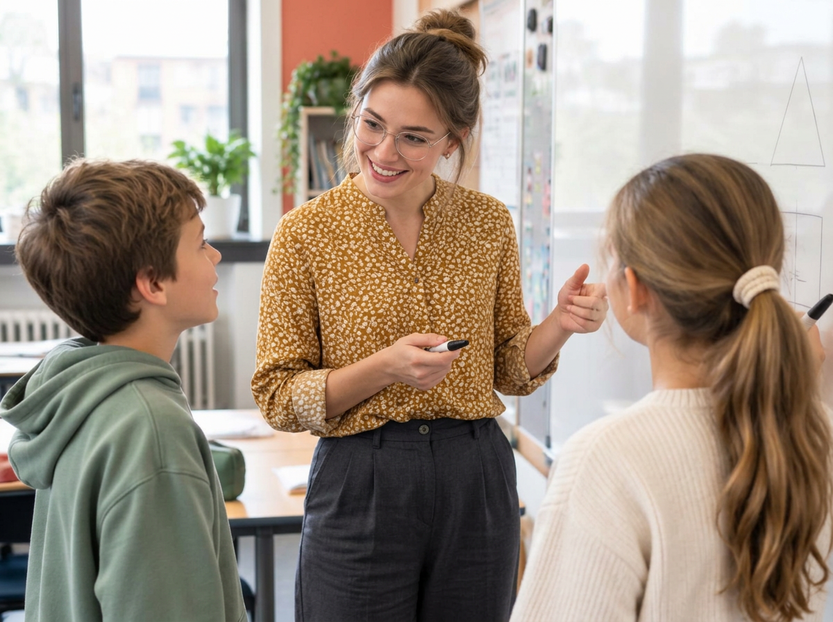Une jeune enseignante explique une activité à deux élèves en classe
