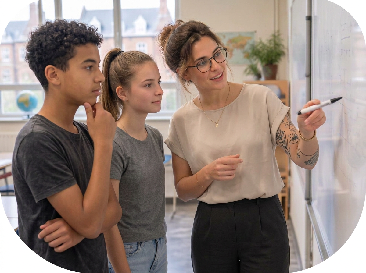 Une enseignante tatouée, en blouse beige, accompagne deux élèves en t-shirts unis devant le tableau