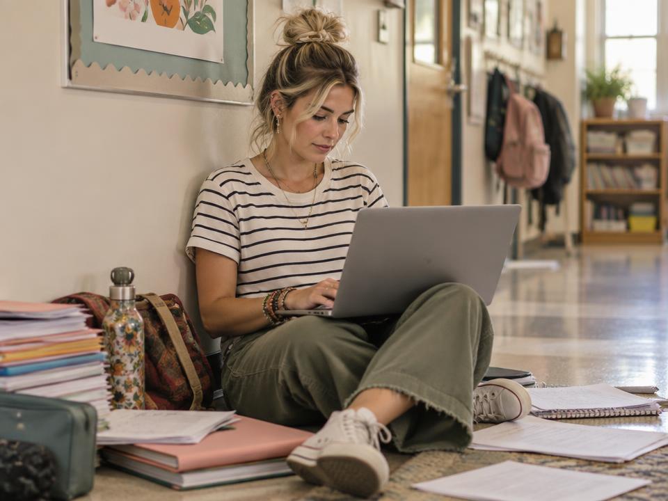 Une jeune enseignante assise par terre, concentrée sur son ordinateur, entourée de feuilles de cours