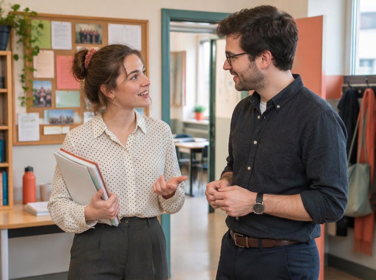 Une enseignante remplaçante échange avec un collègue dans la salle des professeurs